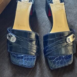 Christian Louboutin Navy Croc-Embossed Mules